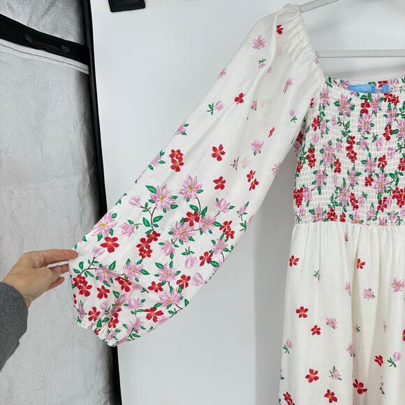 Draper James Floral Midi Dress Size S Smocked Puff Sleeve Linen Blend White Boho - Picture 8 of 14